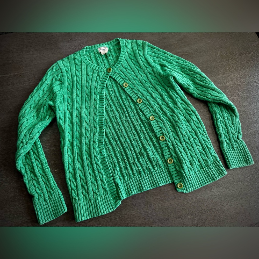 Vintage L L Bean Green Cable Knit Cardigan Sweater M